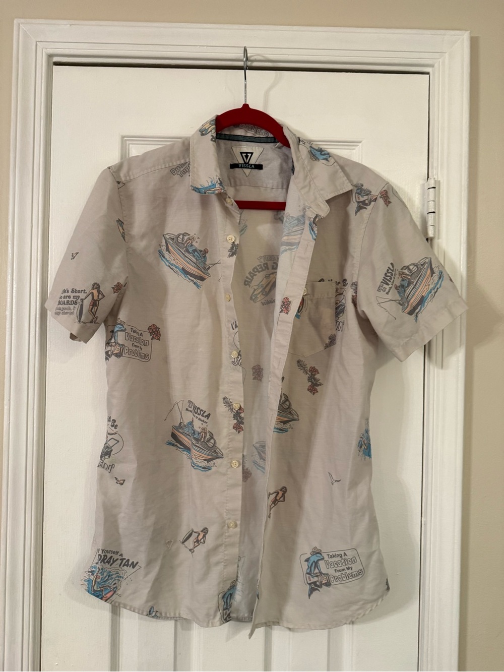 VISSLA Beige Short-Sleeve Button-Down with Fishing Print